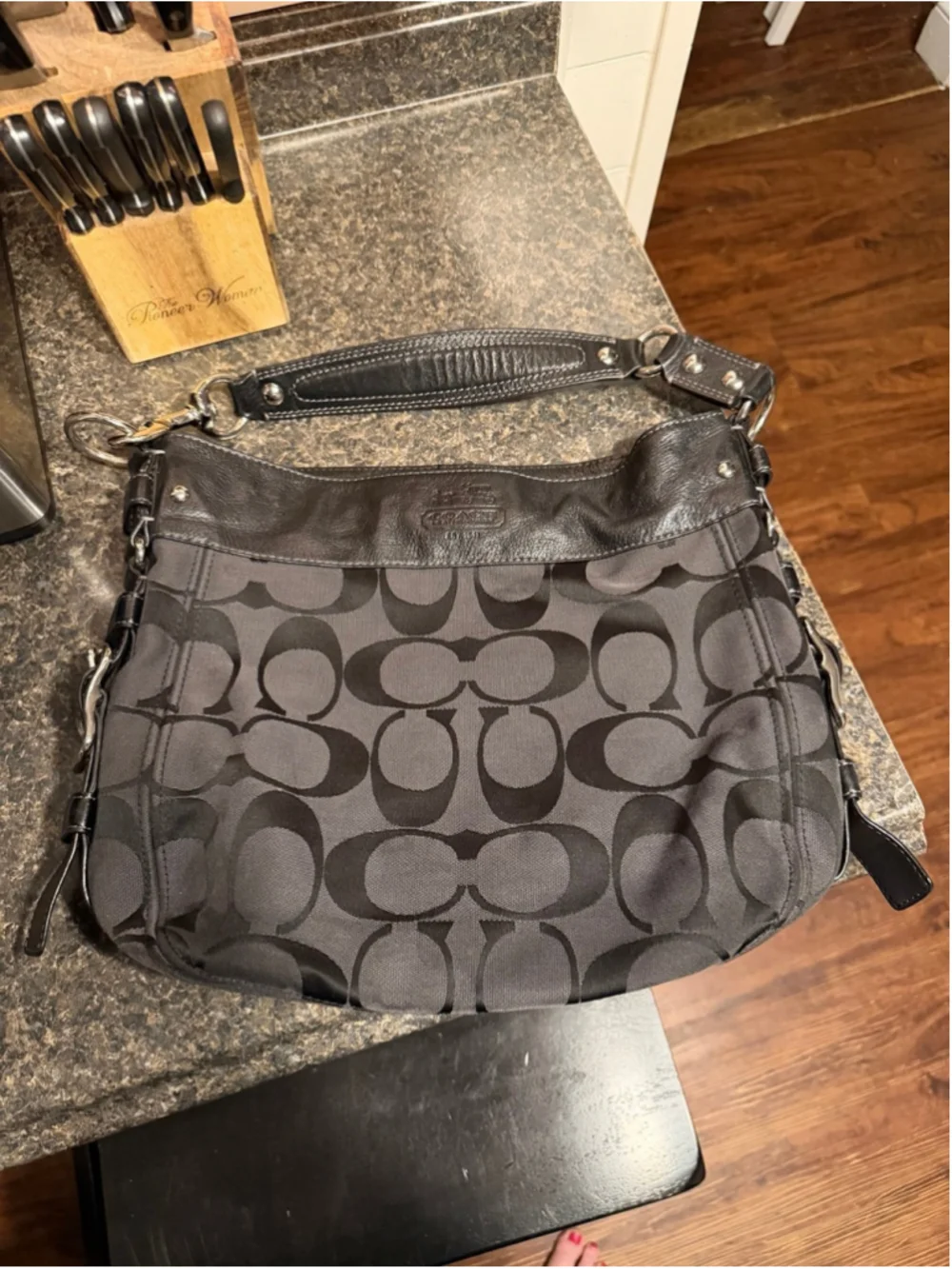 Coach Zoe Signature Jacquard Hobo Bag Black Leather Trim